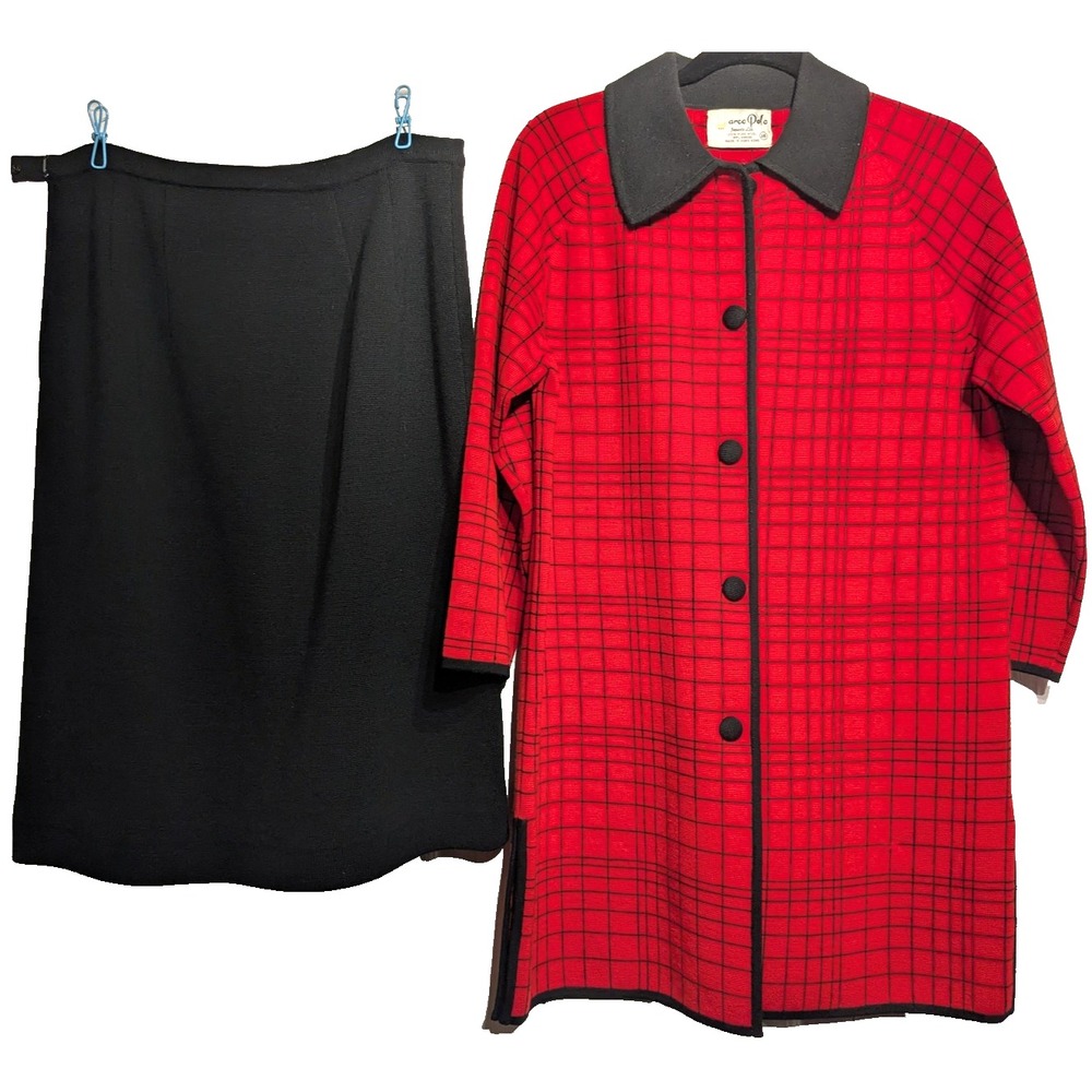 Vintage Marco Polo Skirt Suit Womens 16 Red Black Wool Plaid Hong Kong 60s